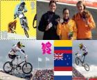 Подиум женщин BMX Велоспорт, Мариана Pajón (Колумбия), Сара Уокер (Новая Зеландия) и Лаура Smulders (Нидерланды), Лондон 2012